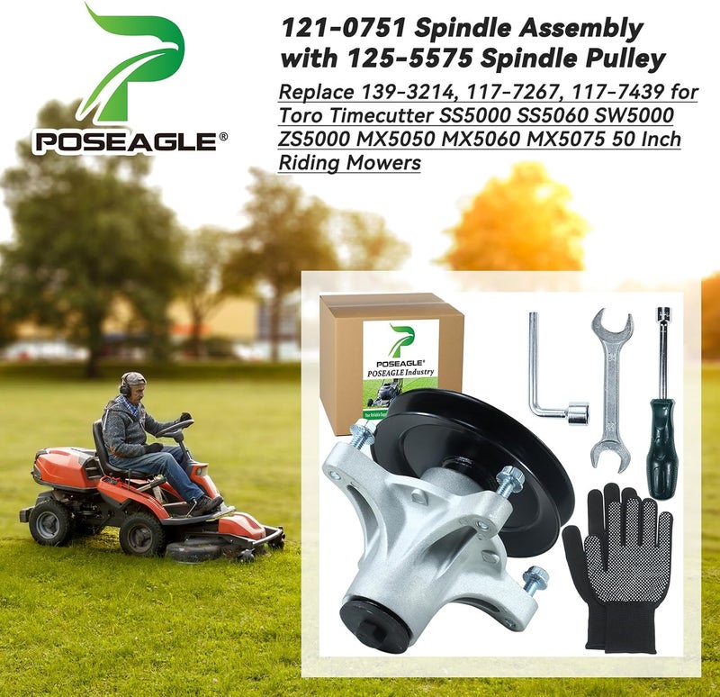 POSEAGLE 121-0751 مجموعة عمود الدوران مع 125-5575 بكرة استبدال تورون 139-3214 عمود الدوران تورون 117-7267، 117-7439 لجرار تورون تايم كاتر SS5000 SS5060 SW5000 ZS5000 MX5050 MX5060 MX5075 جزازة 50 بوصة - Image 2